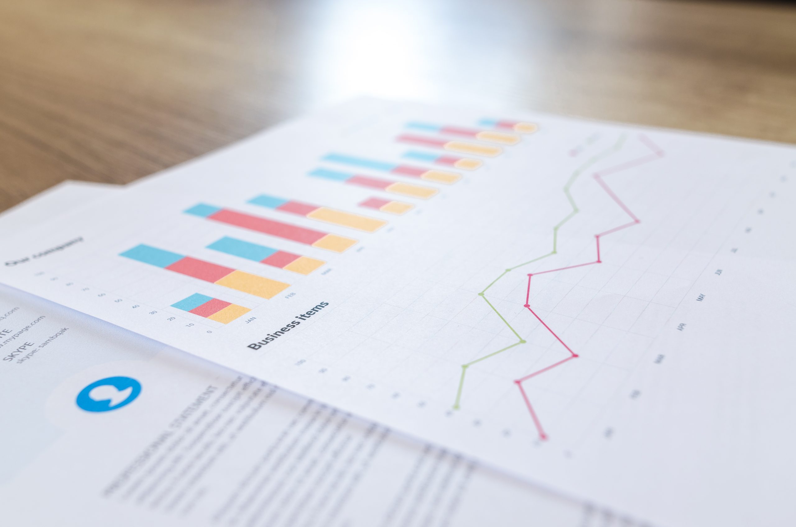 Two sheets of paper, one looks like it might be a report, the other has bar and line charts on it