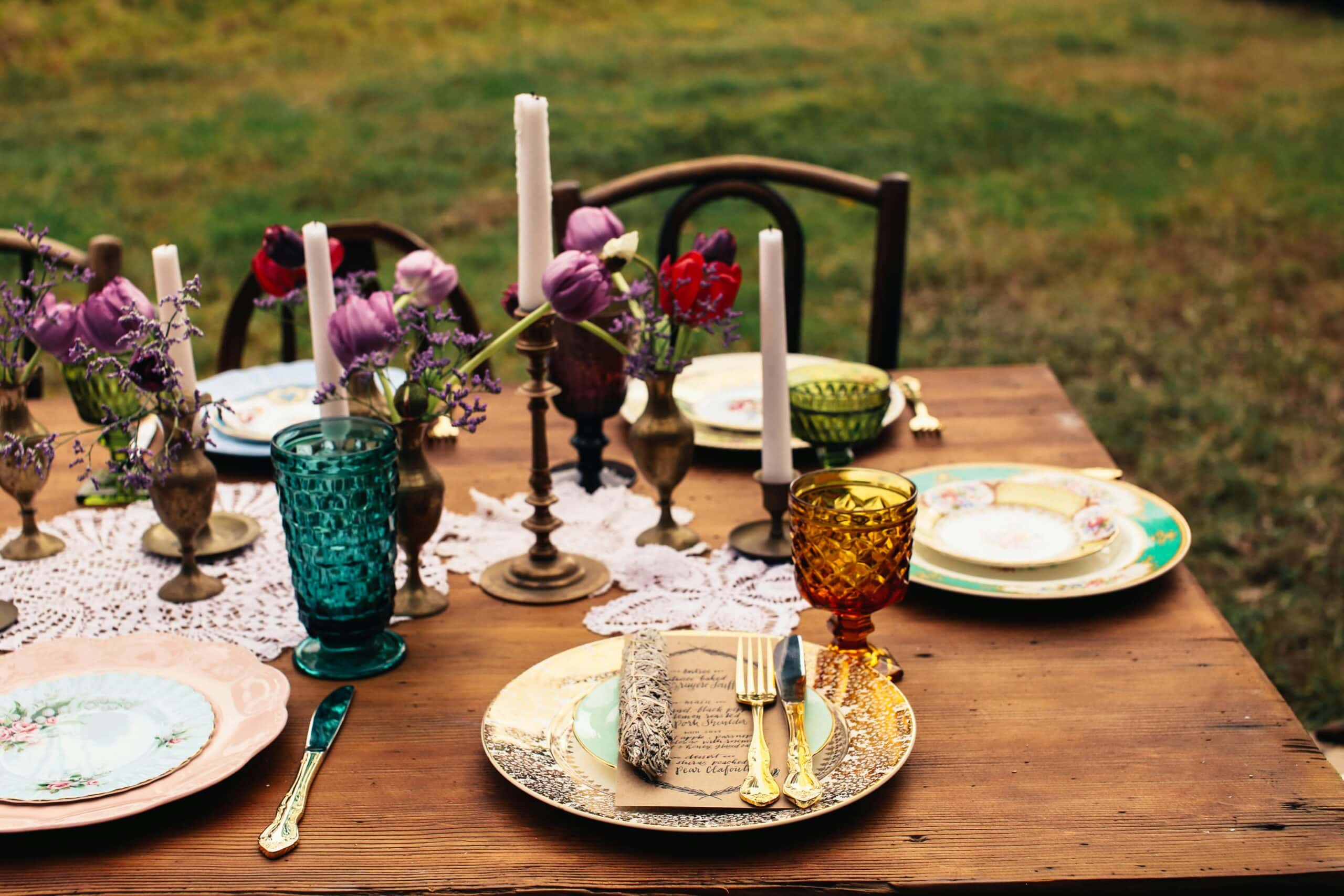 Table set up for a dinner party outdoors
