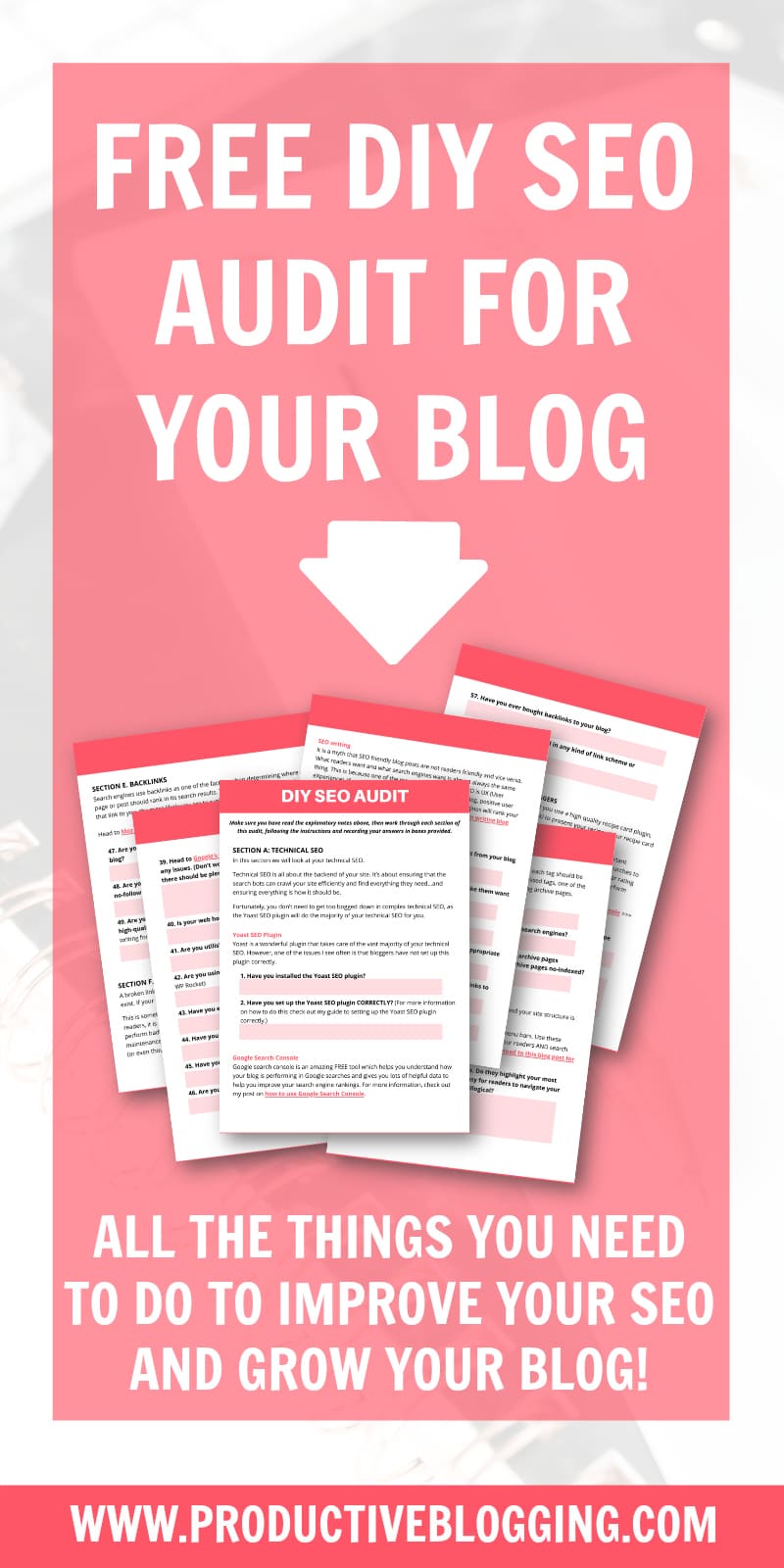 Are you struggling to know how to improve your blog’s SEO? Or have you recently experienced a big drop in search engine traffic? Wouldn’t it be great if you had a personalised list of all the things you needed to do to improve your blog’s SEO? Usually blog SEO audits are VERY VERY expensive. Not so with my FREE DIY SEO Audit! #SEO #SEOaudit #SEOtips #SEOhacks #SEOforbloggers #freeSEOaudit #searchengineoptimization #growyourblog #bloggrowth #bloggingtips #blogginghacks #productiveblogging 