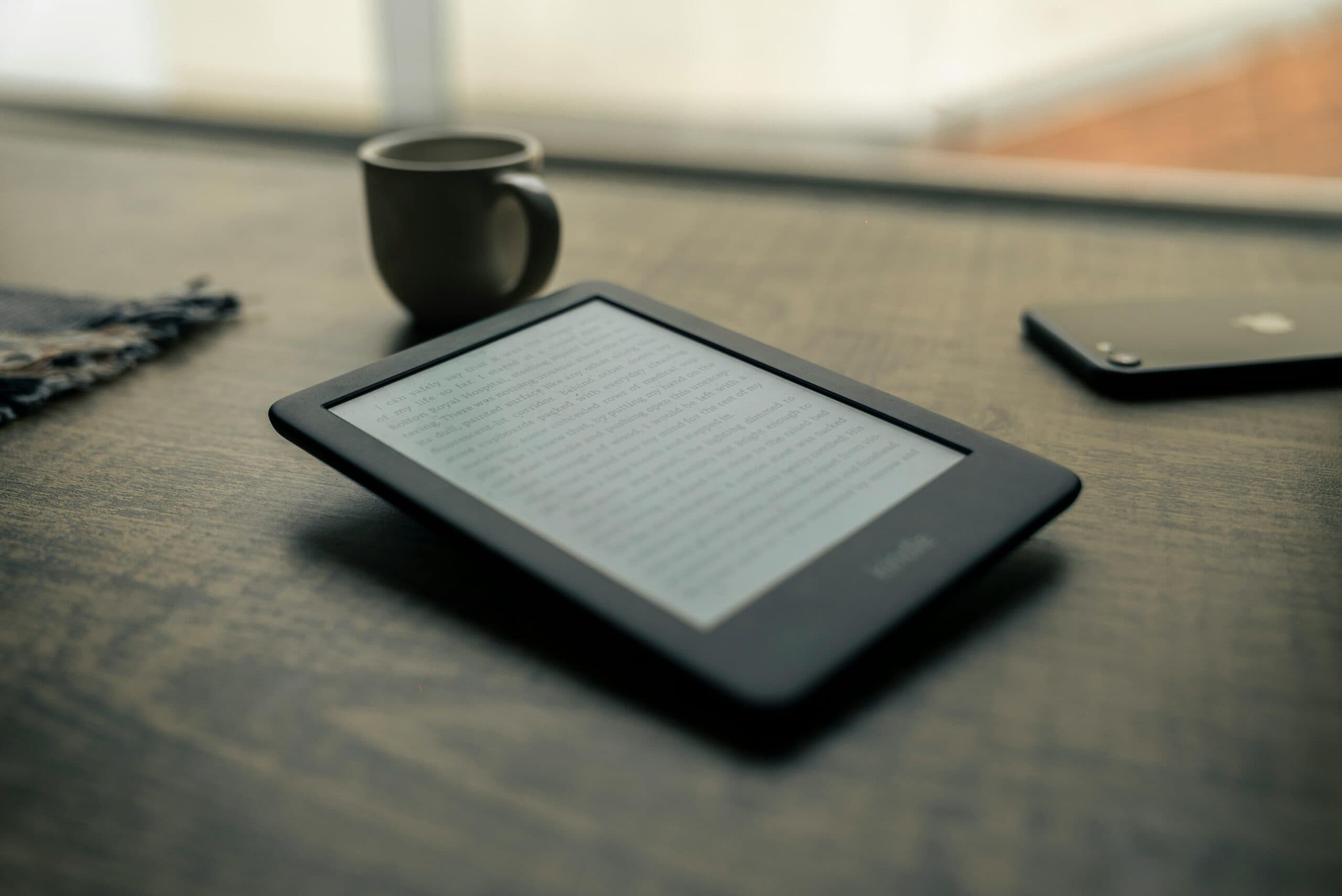 Ebook on a kindle on a table