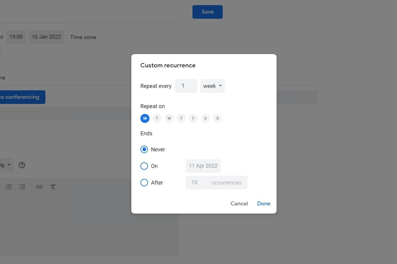 Set up custom recurring events in Google Calendar