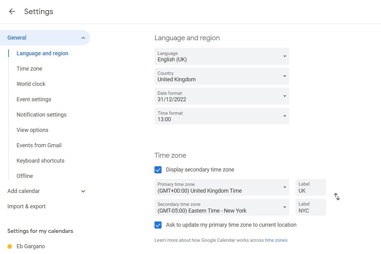 Add a Secondary Time Zone in Google Calendar
