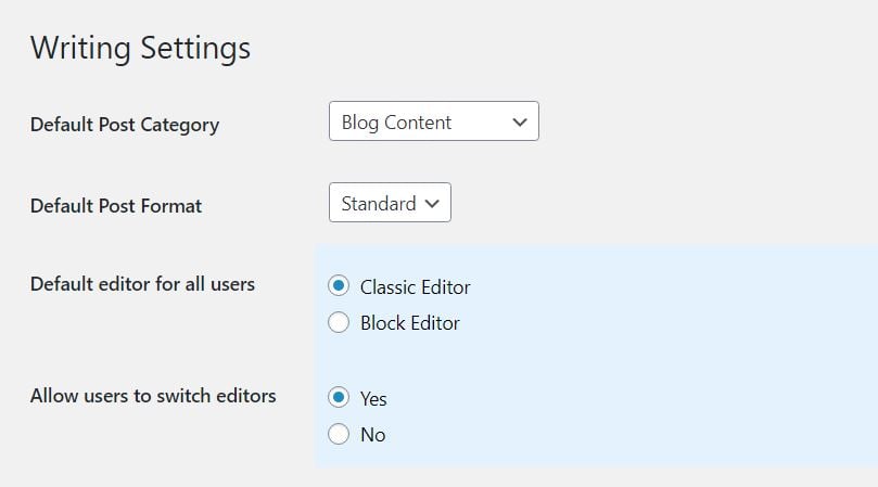 WordPress Classic Editor plugin settings