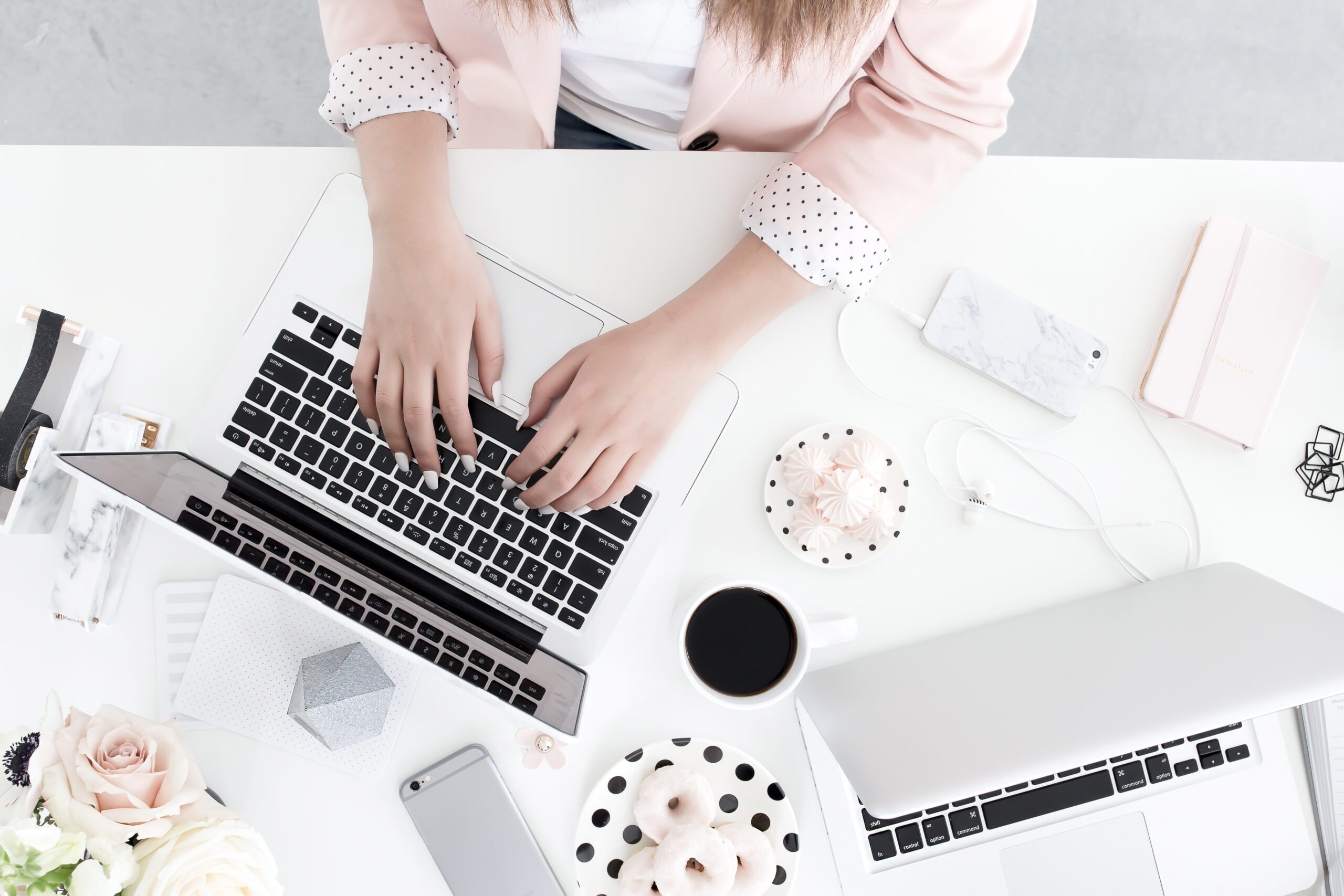 Overhead of woman typing