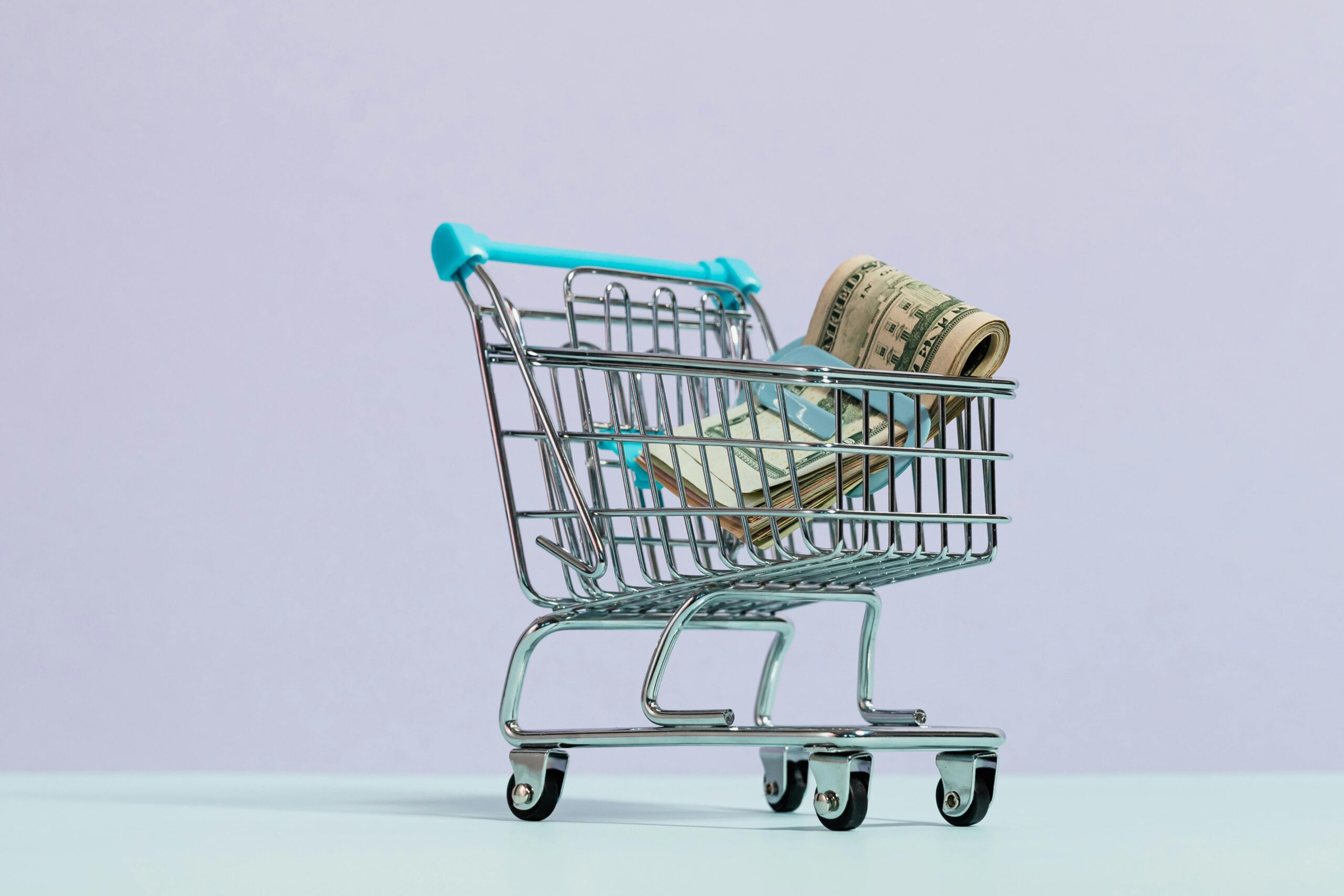 Mini shopping trolley with folded up dollar bills inside.