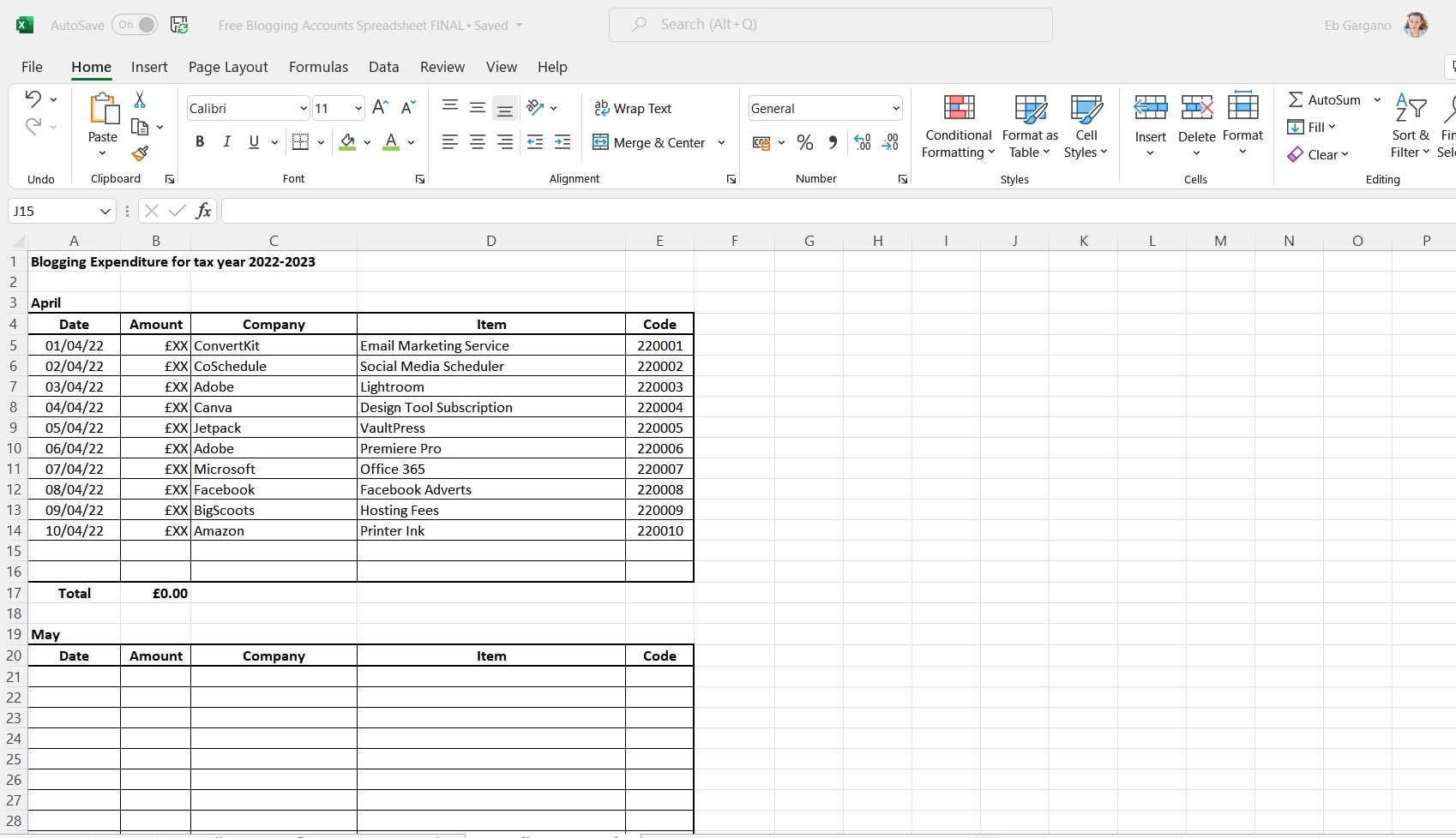 Free Blogging Accounts Spreadsheet - Expenditure