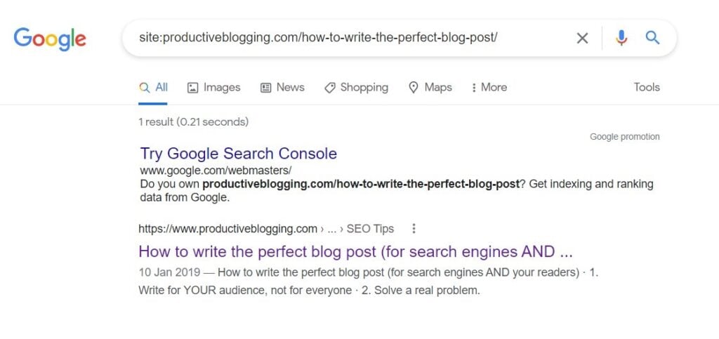 Example of site: plus URL of a blog post on Productive Blogging showing one result