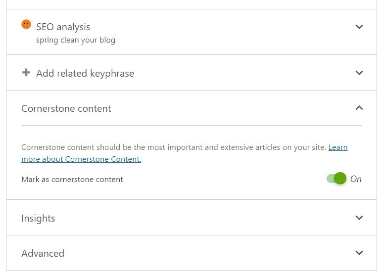 Cornerstone Content toggle in Yoast metabox