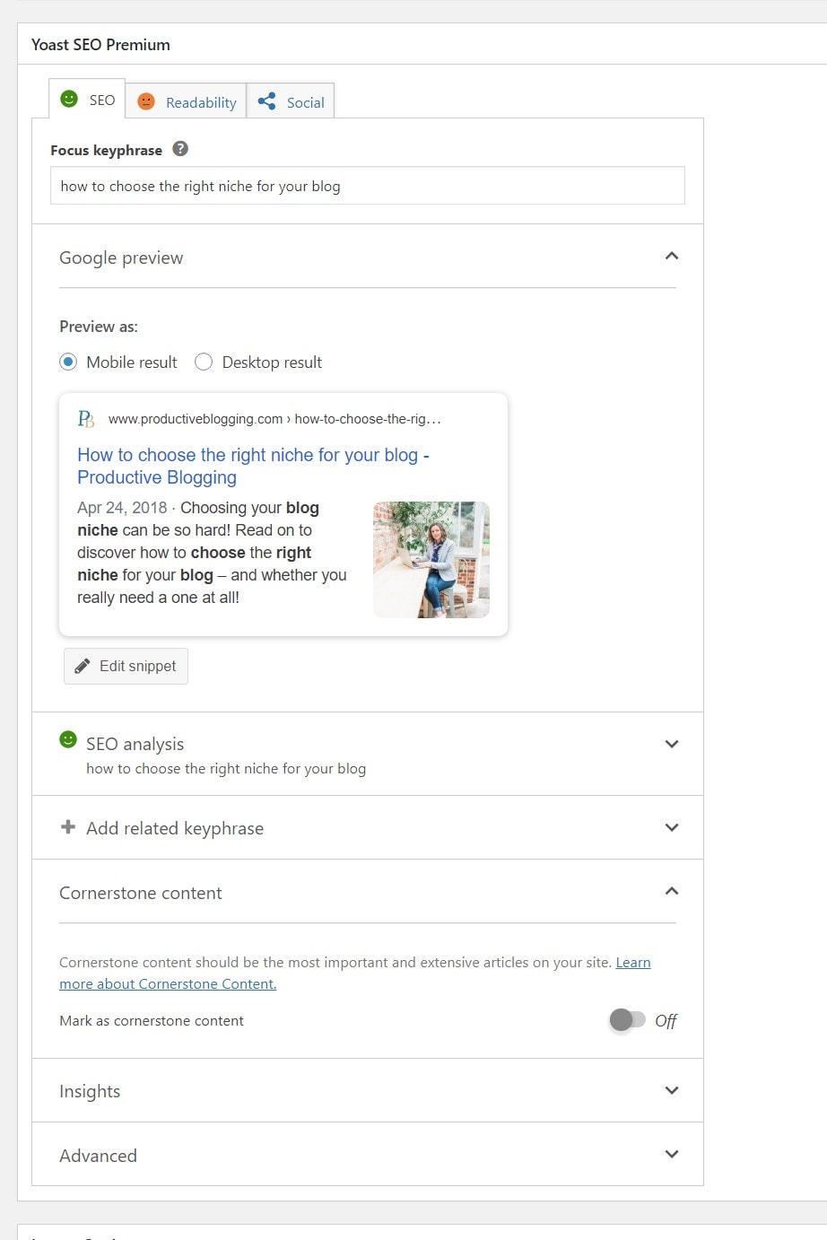 Screengrab of Yoast metabox: Cornerstone Content