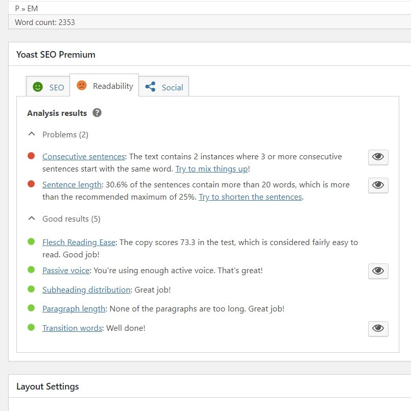 Screengrab of Yoast metabox: Readability