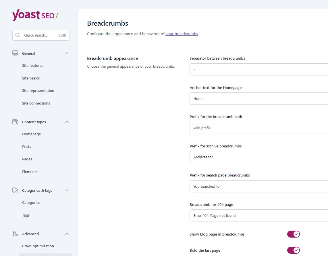YOAST SEO >> SETTINGS >> ADVANCED >> BREADCRUMBS