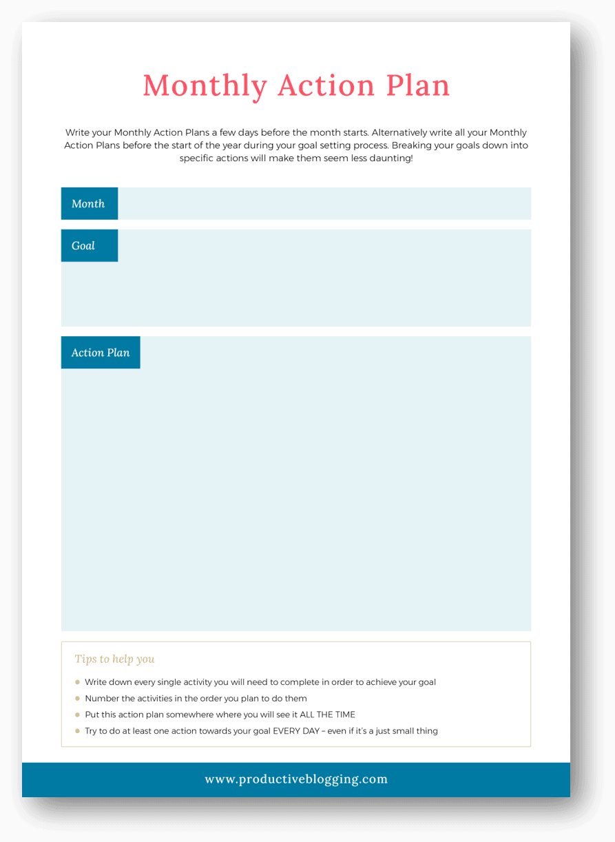 FREE Monthly Action Plan for 2023 printable - part of the 2023 BEST YEAR EVER goal setting worksheets for bloggers. #2023goals #goalsetting #goalsetting2023 #2023planning #2023planner #2023plans #blogginggoals #bloggingdreams #blogplanner #blogplanning #blogplanning2023 #blogplanner2023